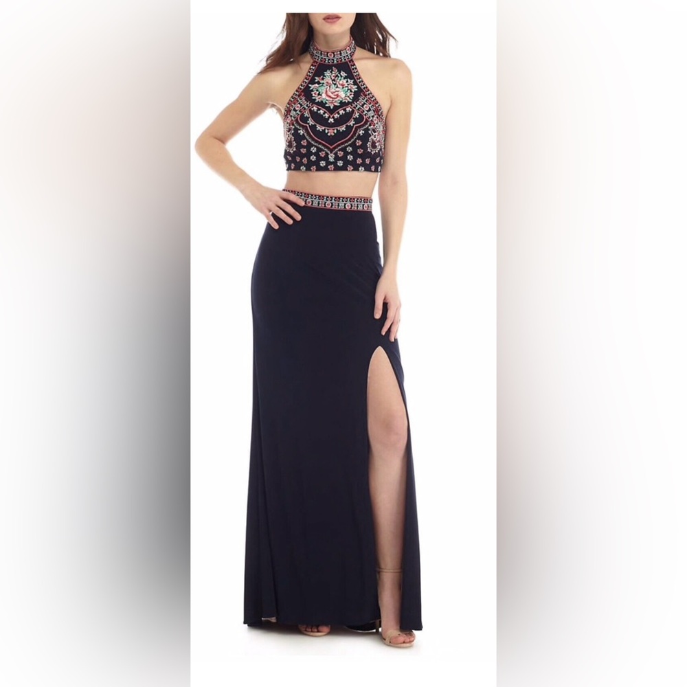 Blonde Nites Embroidered Two Piece Crop Top Prom Dress with Slit